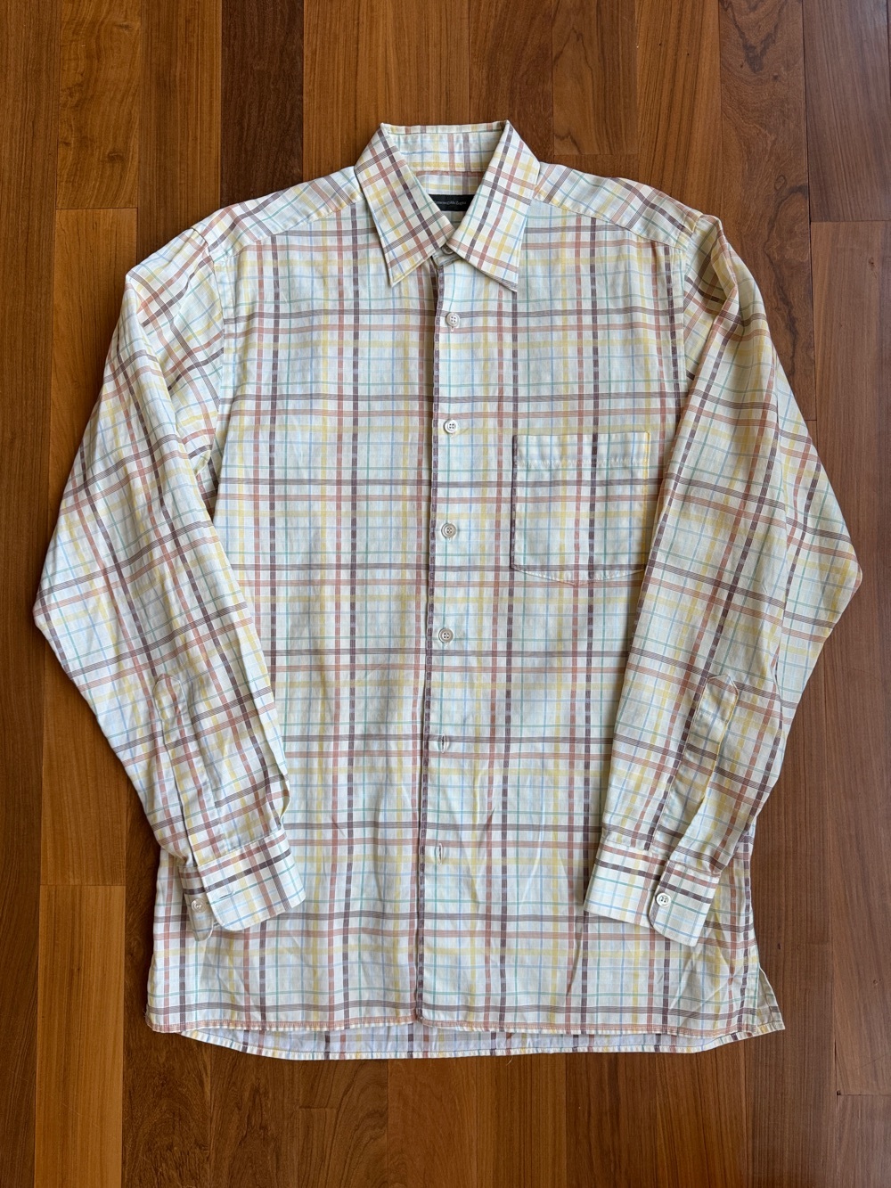 Ermenegildo Zegna Cream Plaid Button-Down Shirt with Tan and Yellow Accents M